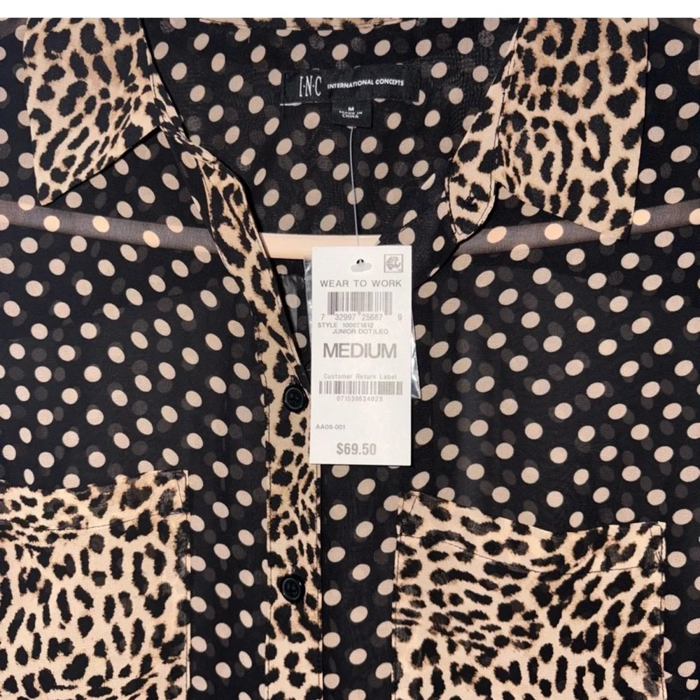 NWT INC International Concepts Black and Tan Sheer‎ Polka Dot Blouse Size Medium - Picture 3 of 10